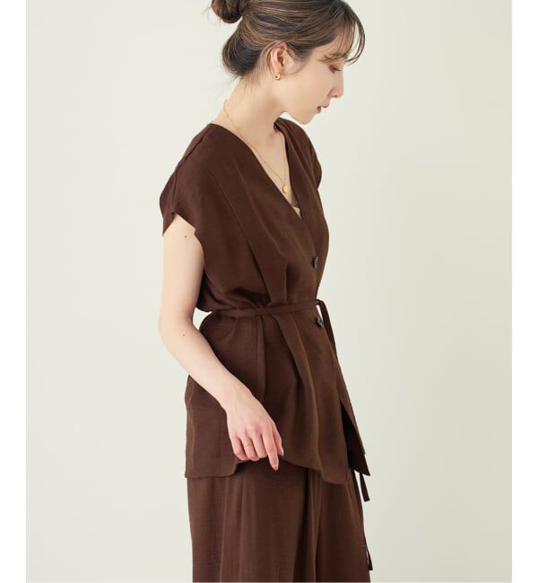 NOBLE「《セットアップ対応》【洗える】ファジーリネンVカラーベルテッドブラウス」|シャツ・ブラウス|