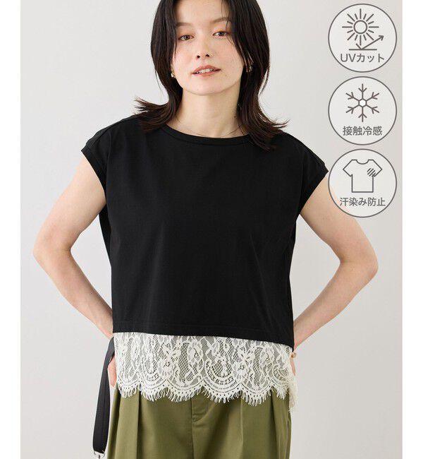 Rope&rsquo;Picnic「レースドッキングフレンチスリーブトップス/UVカット・接触冷感・汗染み防止」|Tシャツ・カットソー|ブラック(01)