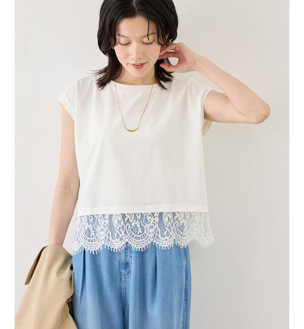 Rope&rsquo;Picnic「レースドッキングフレンチスリーブトップス/UVカット・接触冷感・汗染み防止」|Tシャツ・カットソー|