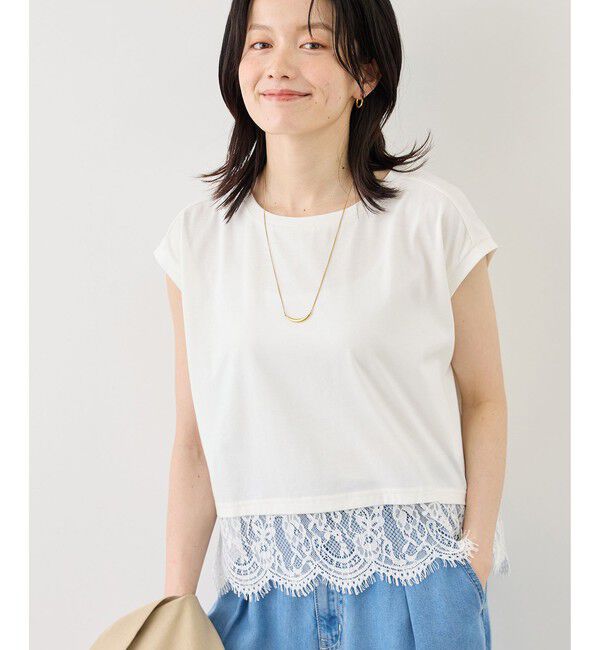 Rope&rsquo;Picnic「レースドッキングフレンチスリーブトップス/UVカット・接触冷感・汗染み防止」|Tシャツ・カットソー|