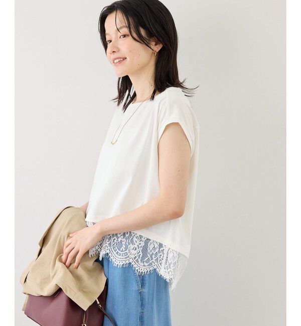 Rope&rsquo;Picnic「レースドッキングフレンチスリーブトップス/UVカット・接触冷感・汗染み防止」|Tシャツ・カットソー|