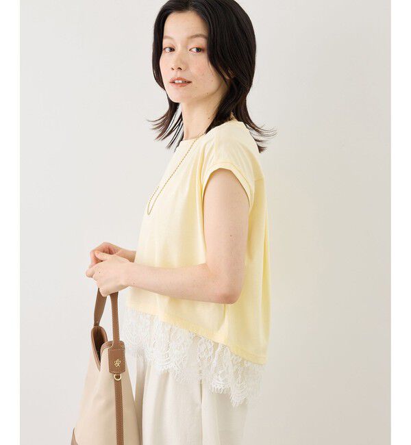 Rope&rsquo;Picnic「レースドッキングフレンチスリーブトップス/UVカット・接触冷感・汗染み防止」|Tシャツ・カットソー|