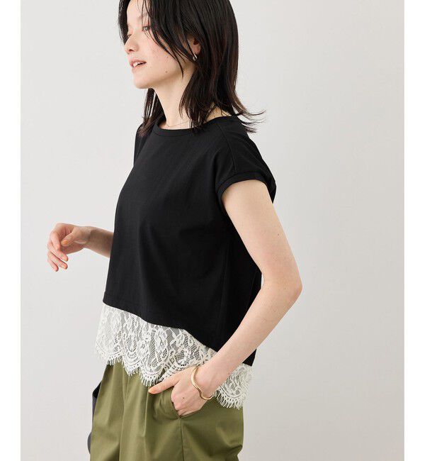 Rope&rsquo;Picnic「レースドッキングフレンチスリーブトップス/UVカット・接触冷感・汗染み防止」|Tシャツ・カットソー|