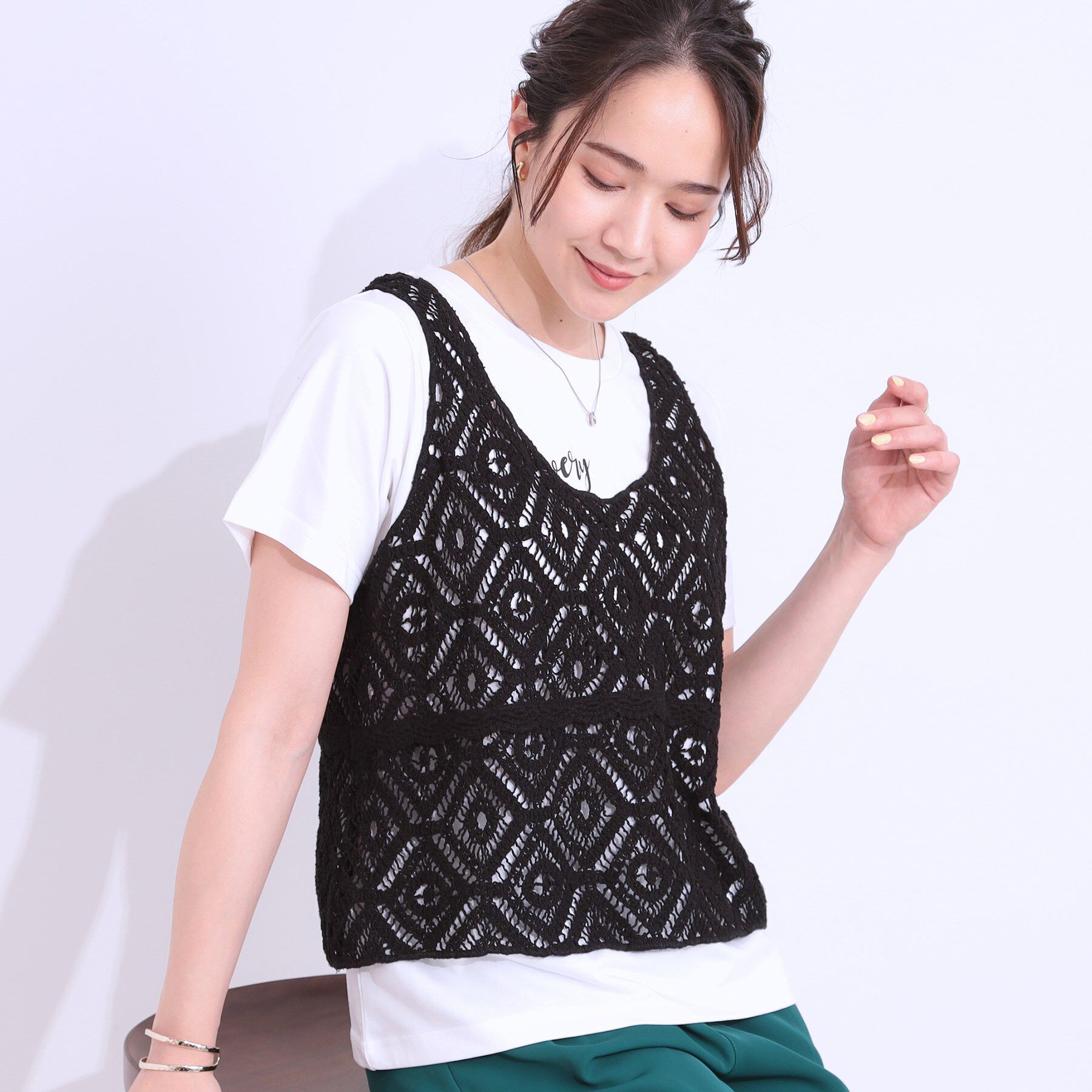 SHOO･LA･RUE「【S-LL/2点セット】大人カジュアルに レースビスチェ+プリントTシャツ」|その他|ブラック(019)