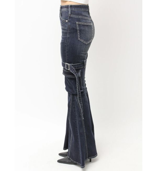 GYDA「ハイウエスト strap cargo designフレアデニムパンツ」|デニム|