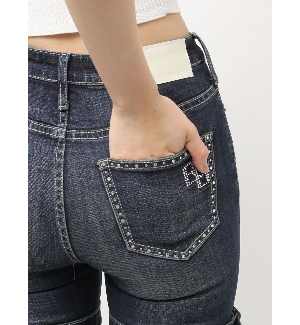 GYDA「ハイウエスト strap cargo designフレアデニムパンツ」|デニム|