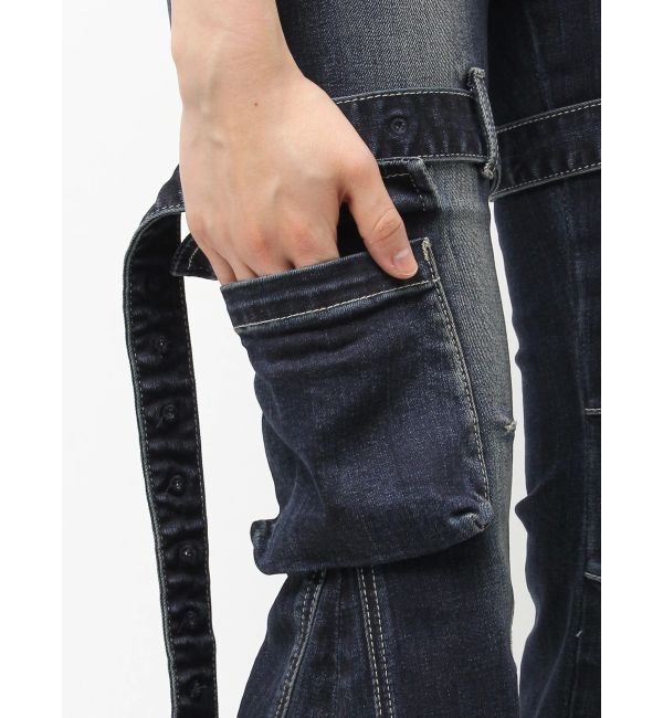 GYDA「ハイウエスト strap cargo designフレアデニムパンツ」|デニム|