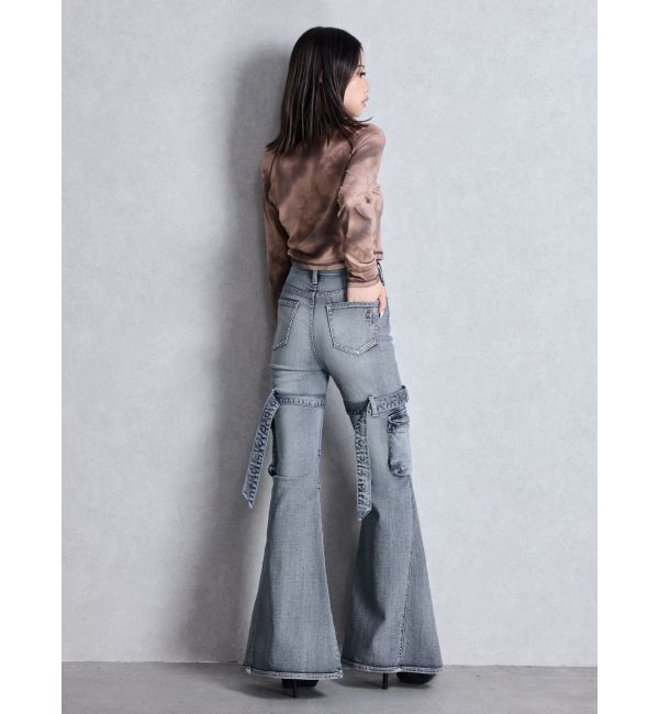 GYDA「ハイウエスト strap cargo designフレアデニムパンツ」|デニム|
