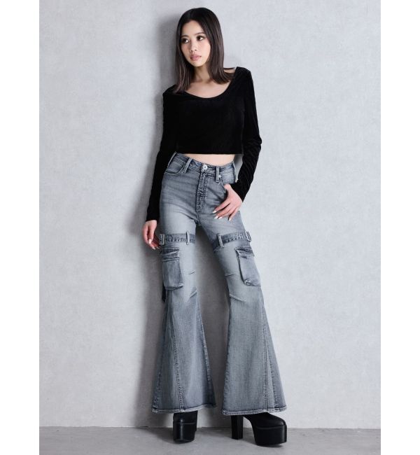 GYDA「ハイウエスト strap cargo designフレアデニムパンツ」|デニム|