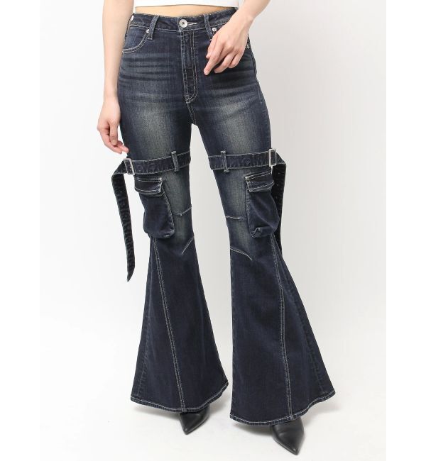 GYDA「ハイウエスト strap cargo designフレアデニムパンツ」|デニム|インディゴ