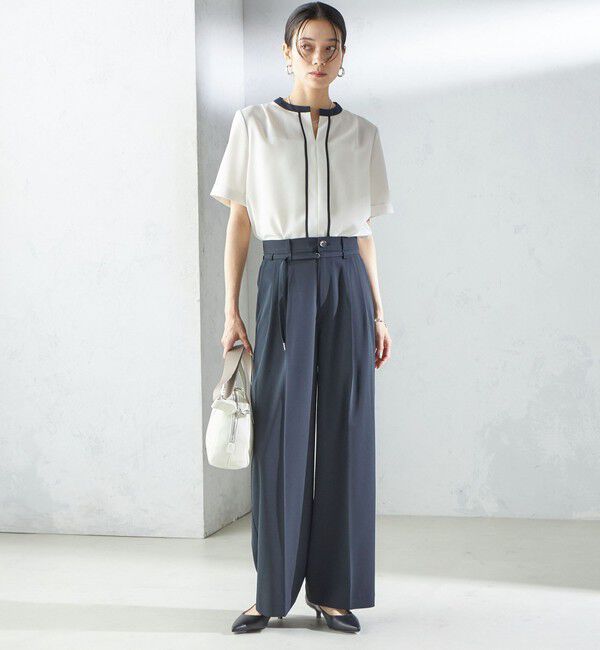 SHIPS for women「《追加予約》〈手洗い可能〉パイピング キーネック 半袖 ブラウス」|シャツ・ブラウス|