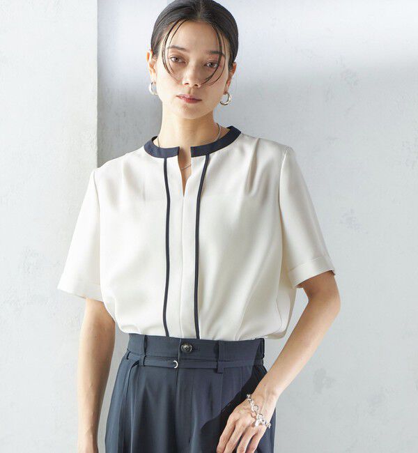 SHIPS for women「《追加予約》〈手洗い可能〉パイピング キーネック 半袖 ブラウス」|シャツ・ブラウス|