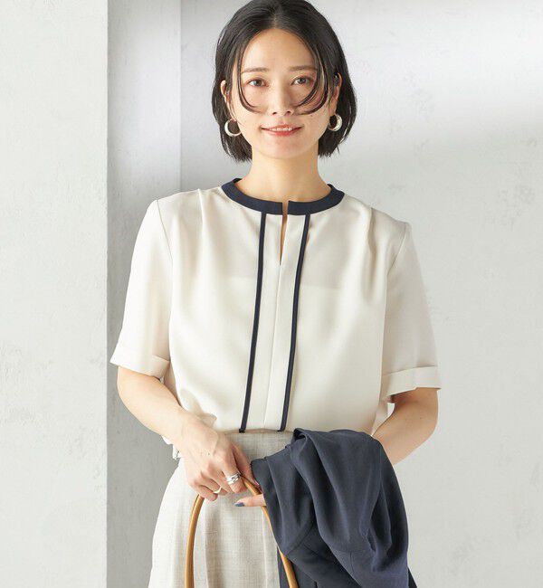 SHIPS for women「《追加予約》〈手洗い可能〉パイピング キーネック 半袖 ブラウス」|シャツ・ブラウス|