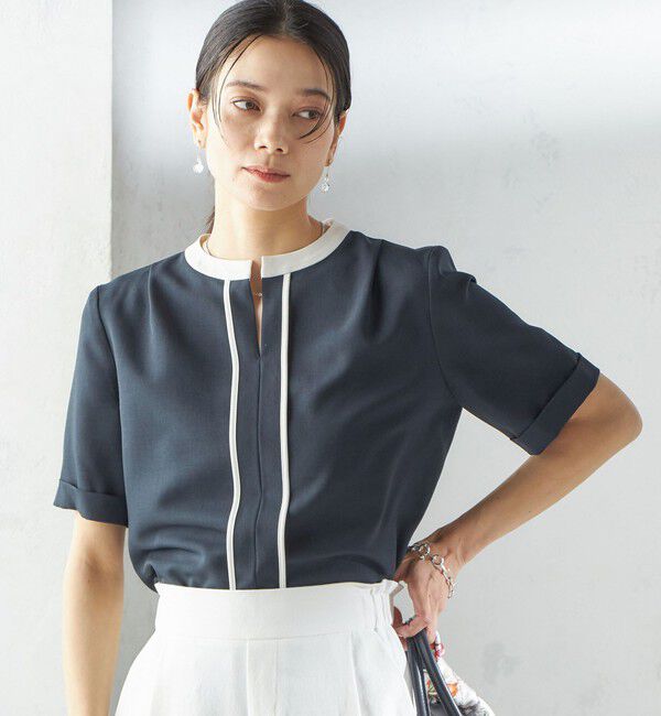 SHIPS for women「《追加予約》〈手洗い可能〉パイピング キーネック 半袖 ブラウス」|シャツ・ブラウス|
