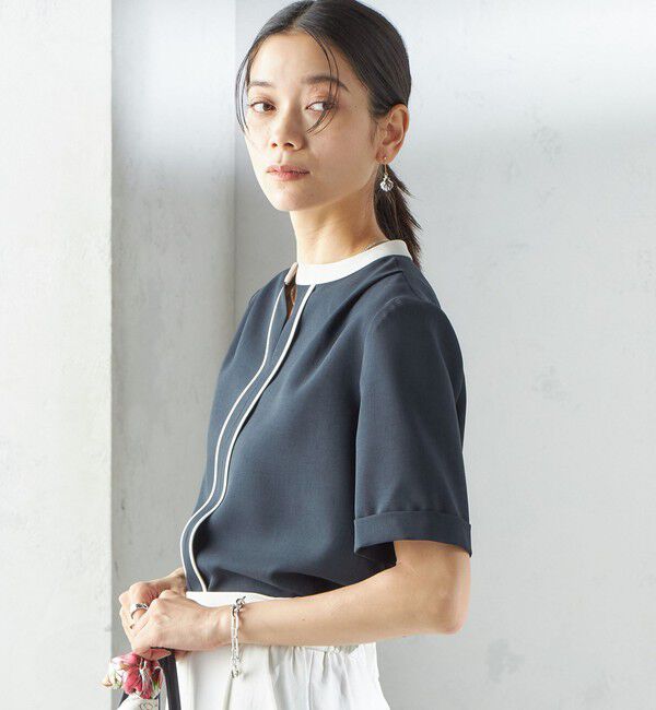 SHIPS for women「《追加予約》〈手洗い可能〉パイピング キーネック 半袖 ブラウス」|シャツ・ブラウス|