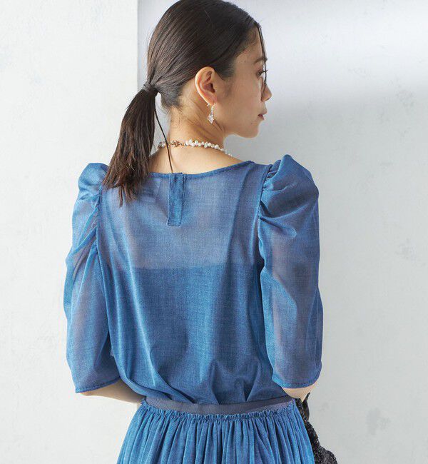 SHIPS for women「troisiemeCHACO:〈手洗い可能〉デニム プリント チュール ブラウス」|シャツ・ブラウス|