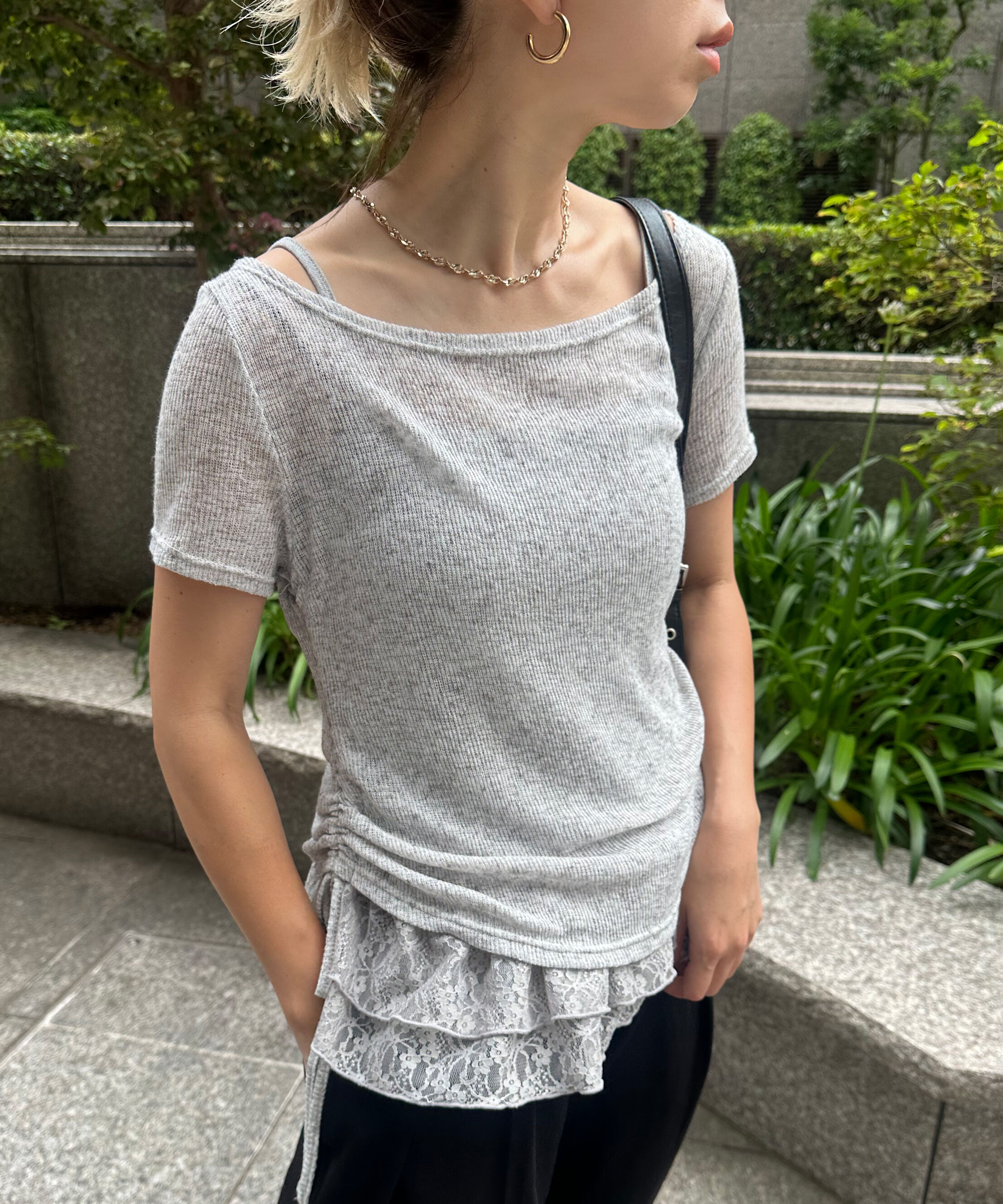  「メランジドロスト半袖レースティアードキャミセット」|Tシャツ・カットソー|グレー