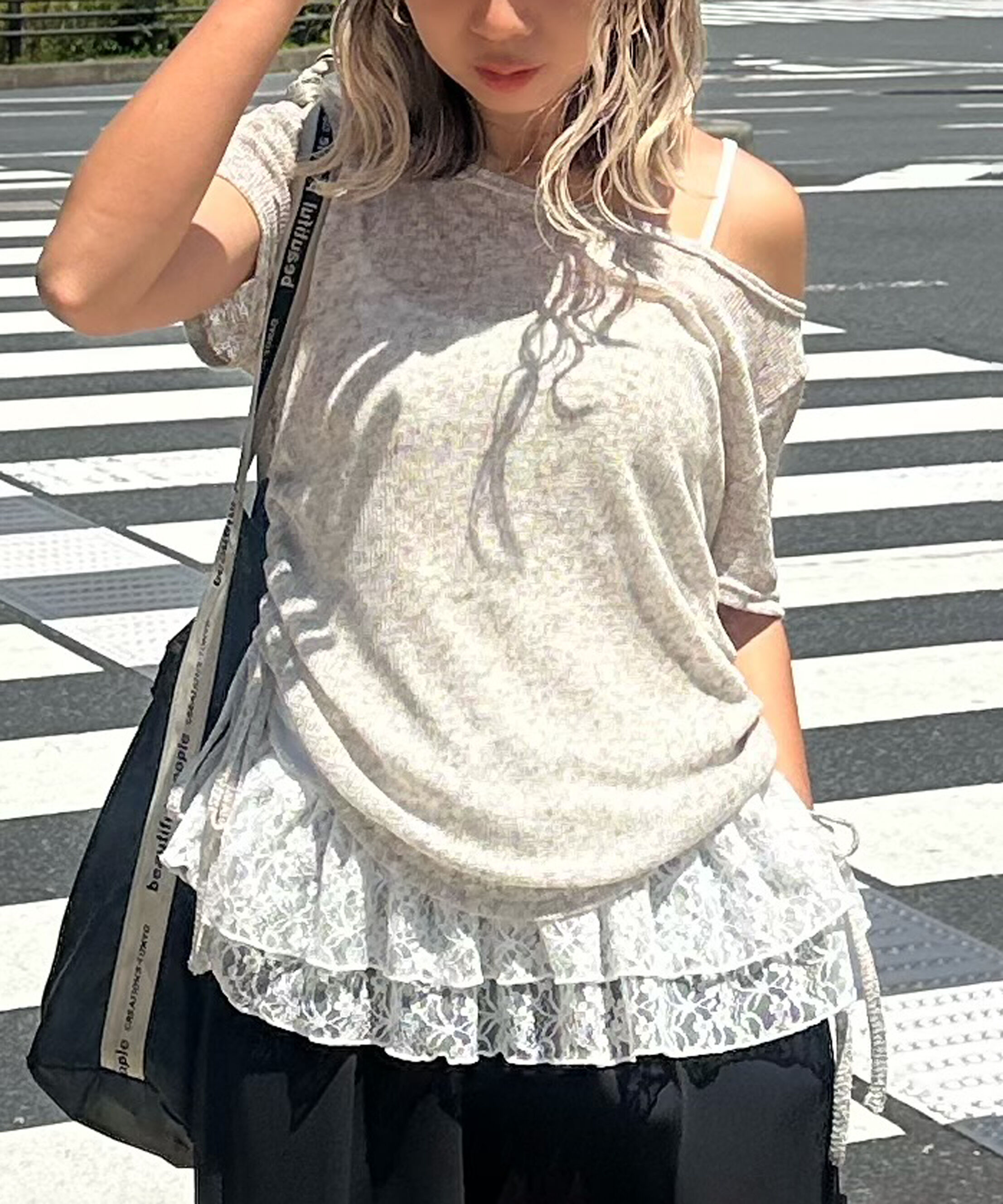 「メランジドロスト半袖レースティアードキャミセット」|Tシャツ・カットソー|オートミール