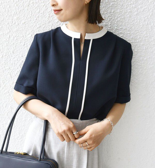 SHIPS for women「《追加予約》〈手洗い可能〉パイピング キーネック 半袖 ブラウス」|シャツ・ブラウス|