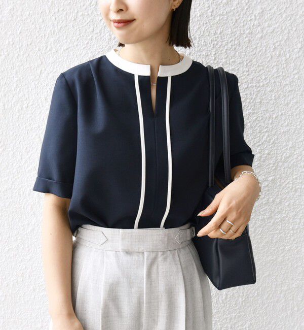 SHIPS for women「《追加予約》〈手洗い可能〉パイピング キーネック 半袖 ブラウス」|シャツ・ブラウス|
