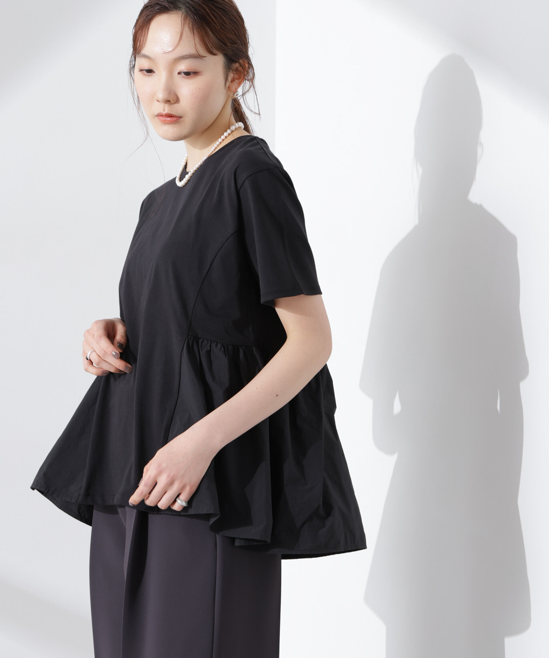 NANO universe「布帛コンビギャザー切替カットトップス」|Tシャツ・カットソー|