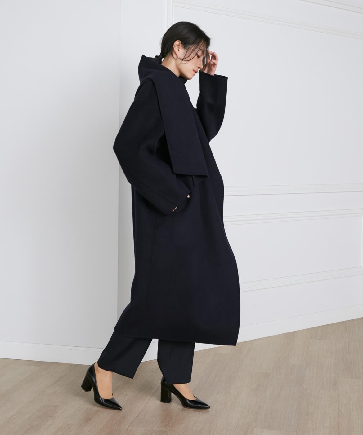 INED「《大きいサイズ》ストール風ラップリバーコート《la veille by SUPERIOR CLOSET》」|ステンカラーコート|