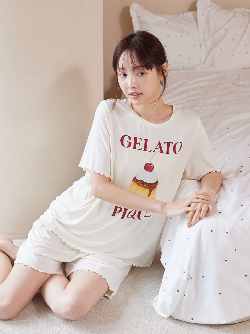 gelato pique「【ONLINE限定】【接触冷感】プリンワンポイントTシャツ&ショートパンツセット」|ルームウェア|