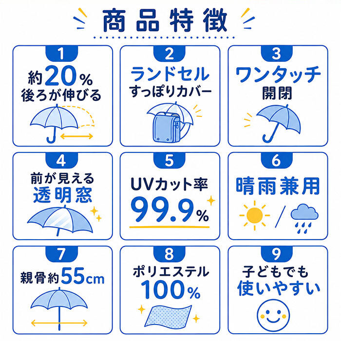 BACKYARD FAMILY「後ろが伸びる 傘 子供 通販 晴雨兼用傘 長傘 雨傘 日傘 女の子 男の子 キッズ こども 子ども」|傘|
