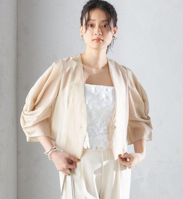 SHIPS for women「little black:〈手洗い可能〉ネジリ スリーブ シアー ショート 羽織（セレモニー対応可）」|ノーカラージャケット|