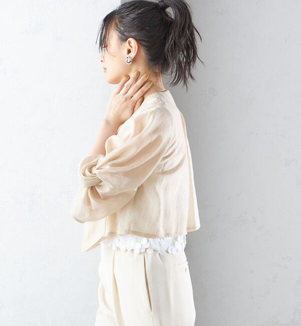 SHIPS for women「little black:〈手洗い可能〉ネジリ スリーブ シアー ショート 羽織（セレモニー対応可）」|ノーカラージャケット|