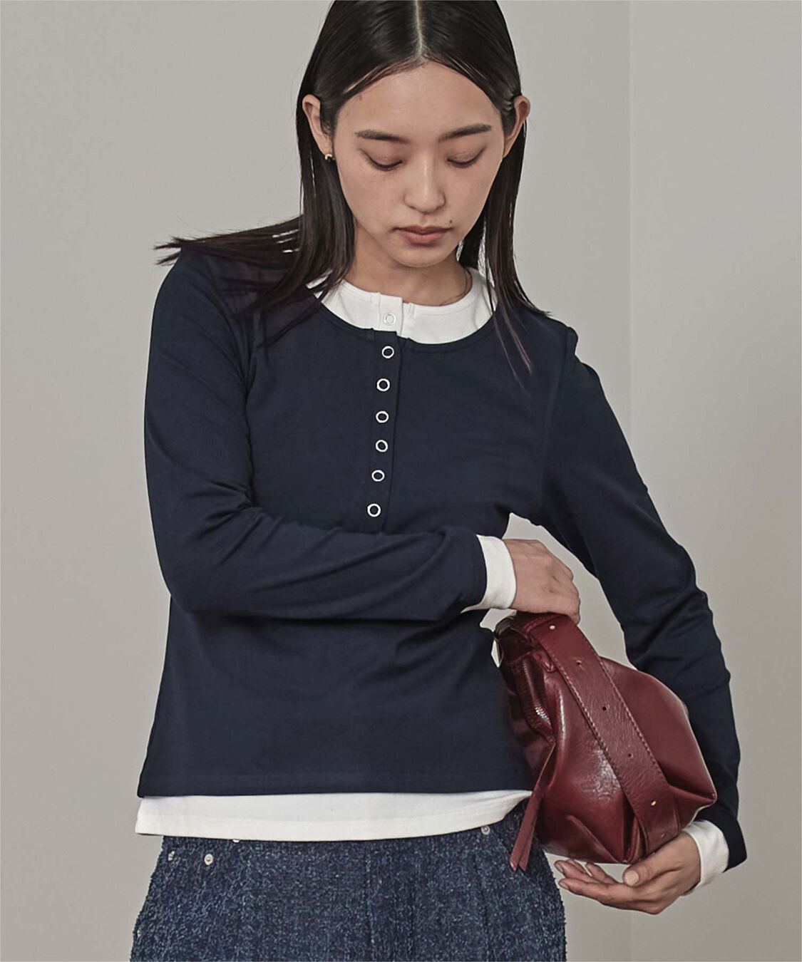 miette「レイヤード風ヘンリーネックトップス」|Tシャツ・カットソー|ネイビー