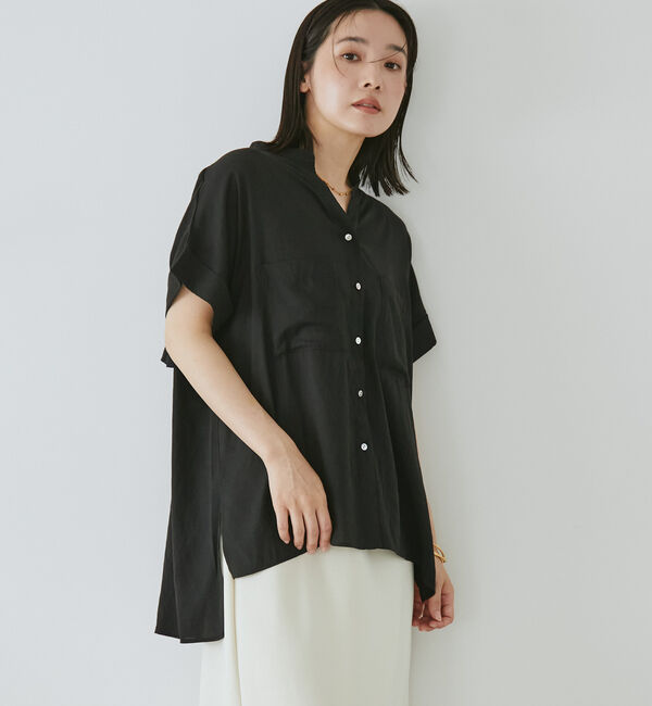 Doux archives「ウォッシャブルリネンライクフレンチブラウス」|シャツ・ブラウス|BLACK