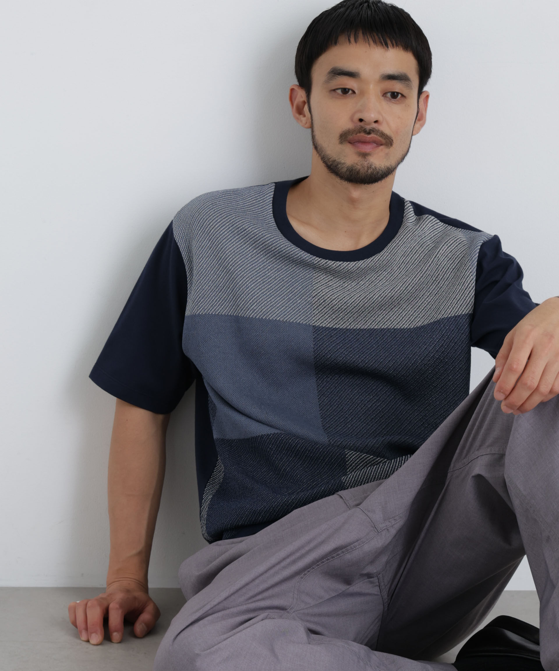 NANO universe「切替チェックニットTシャツ 半袖」|ニット・セーター|ネイビー