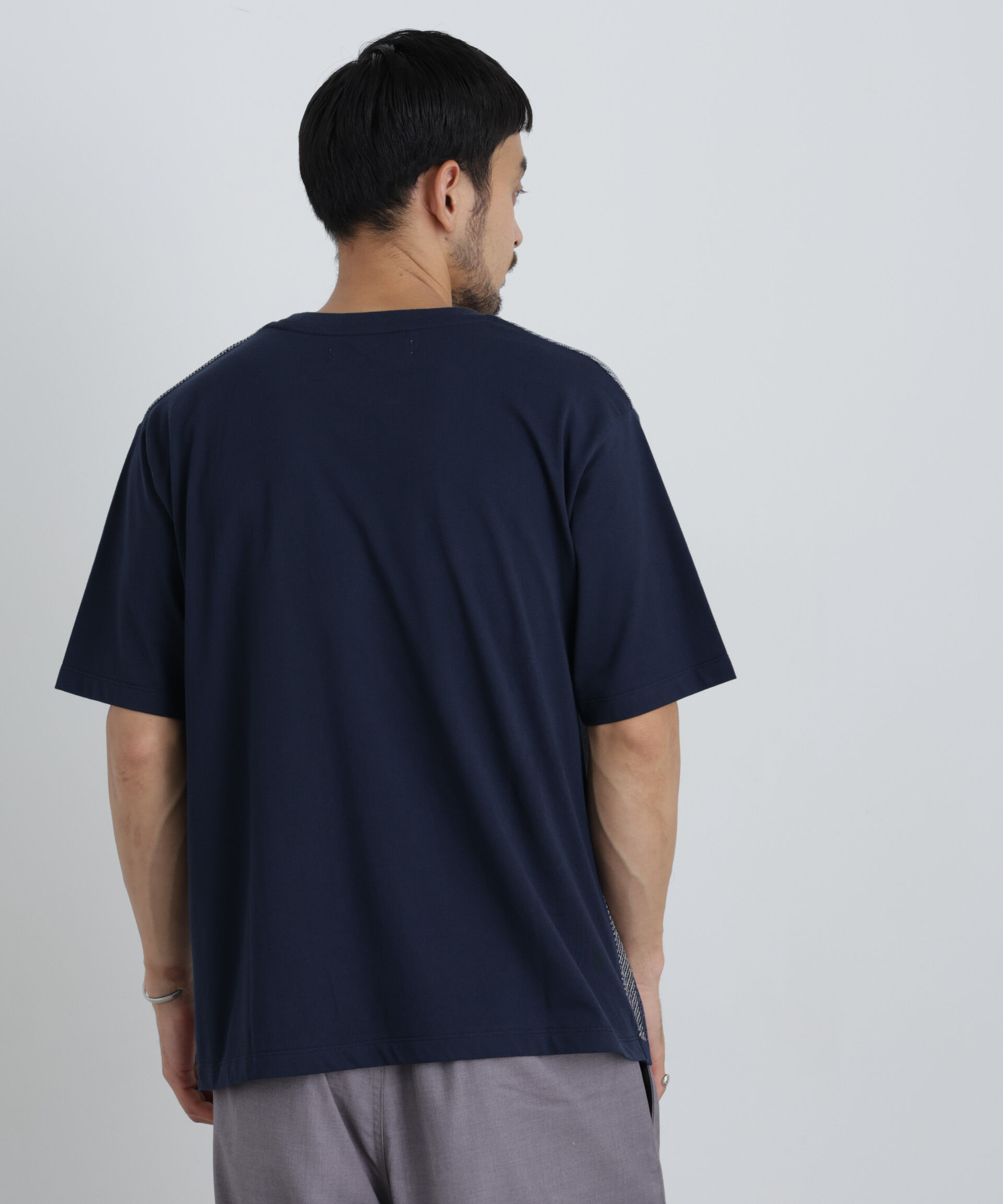 NANO universe「切替チェックニットTシャツ 半袖」|ニット・セーター|