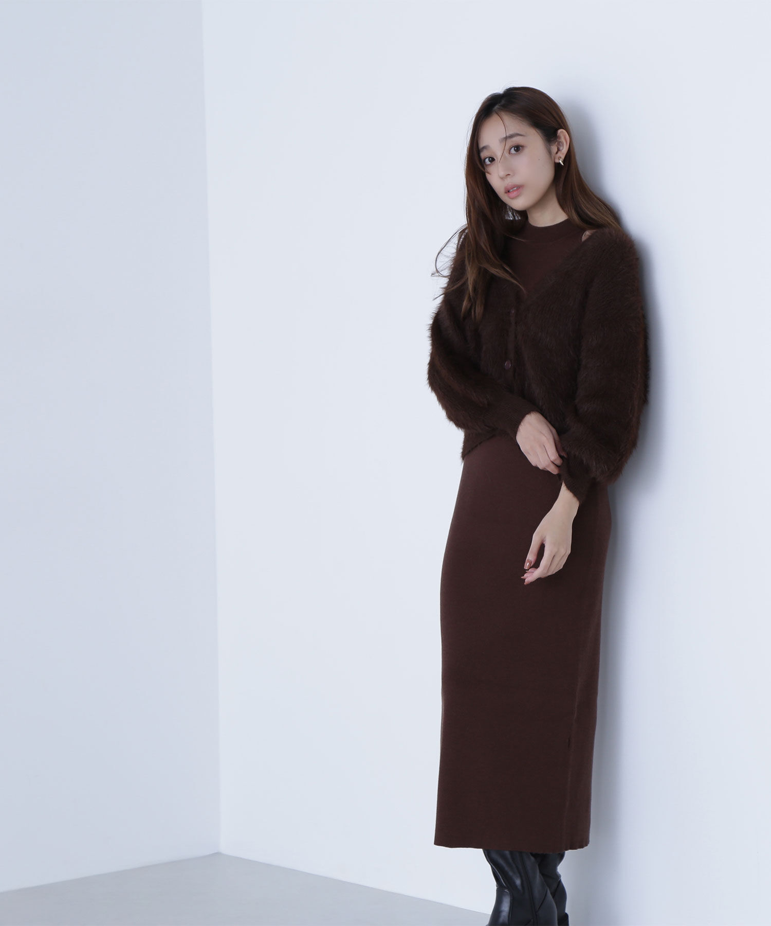  「シャギーカーデセットニットワンピース」|ワンピース|