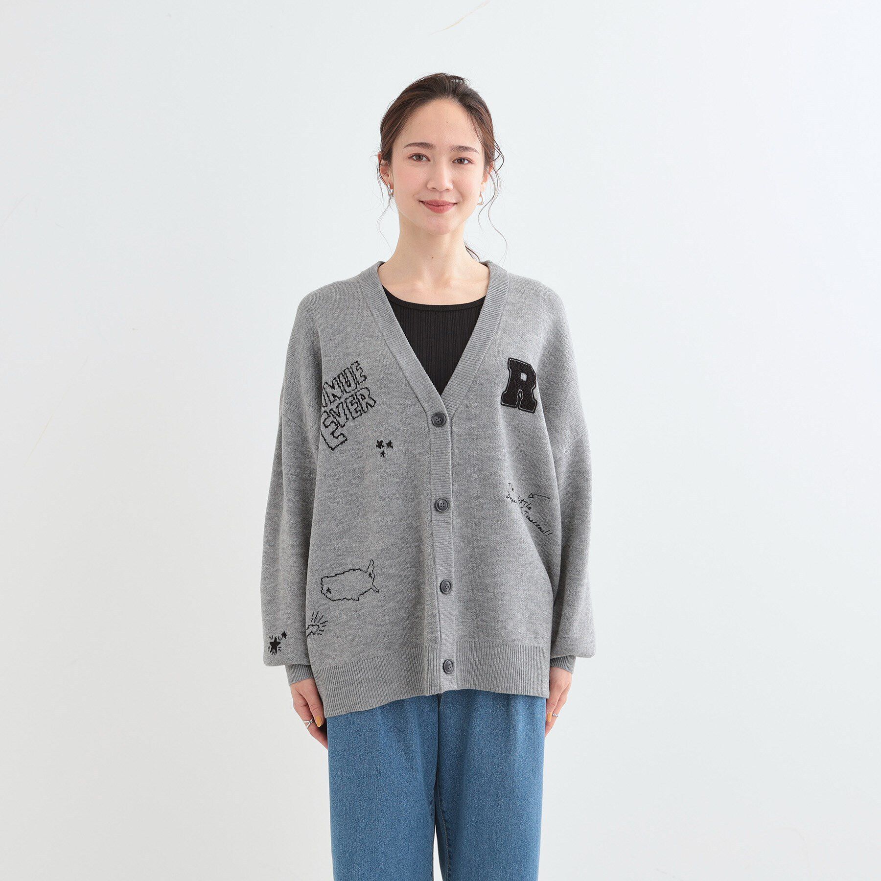 SHOO･LA･RUE「【S-LL/体型カバー】刺繍アソート Vネック ゆるニットカーディガン」|カーディガン|