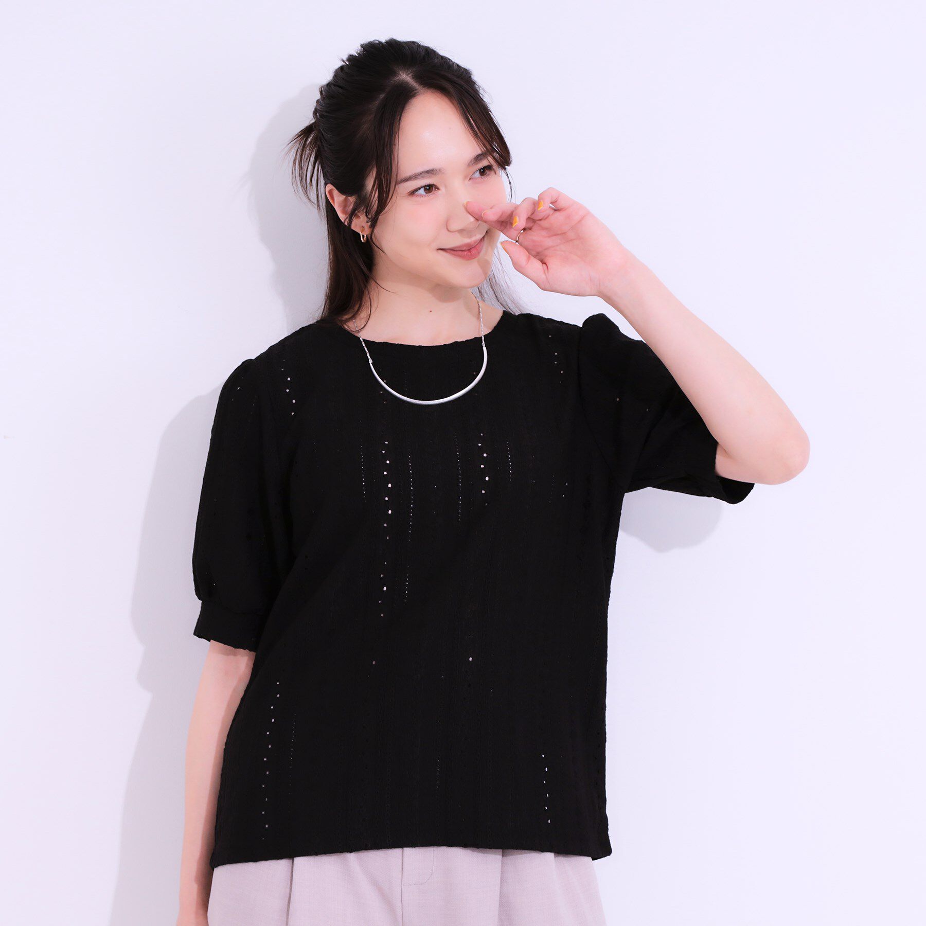 SHOO･LA･RUE「【S-LL/二の腕カバー】大人フェミニンな印象に ジャカードレーストップス」|Tシャツ・カットソー|