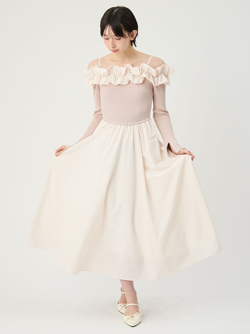 LILY BROWN「【新色追加】フリルカラーニットコンビワンピース」|ワンピース|