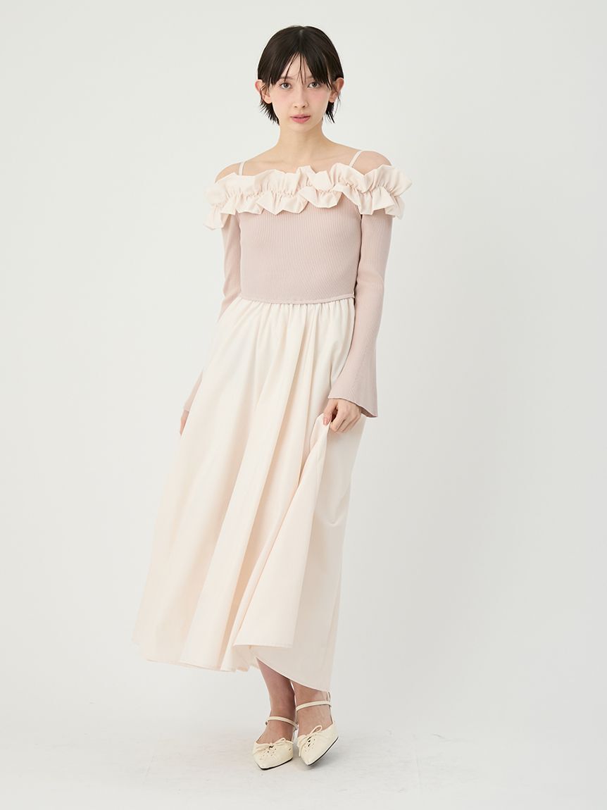 LILY BROWN「【新色追加】フリルカラーニットコンビワンピース」|ワンピース|