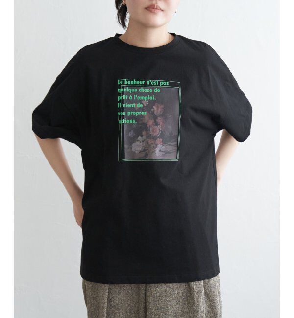 VENCE share style「フラワープリントオーバーサイズTシャツ」|Tシャツ・カットソー|ブラック