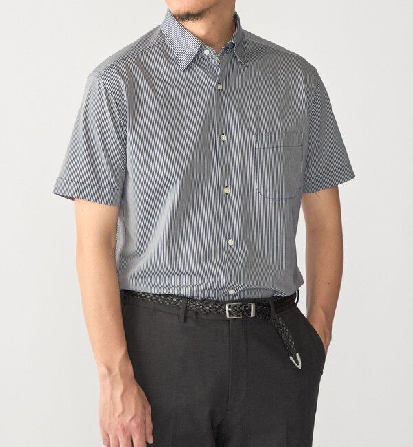 SHIPS「SHIPS:〈FUNCTION〉Albini &times; RENU(R)半袖 ジャージー ストライプ シャツ」|シャツ・ブラウス|ネイビー