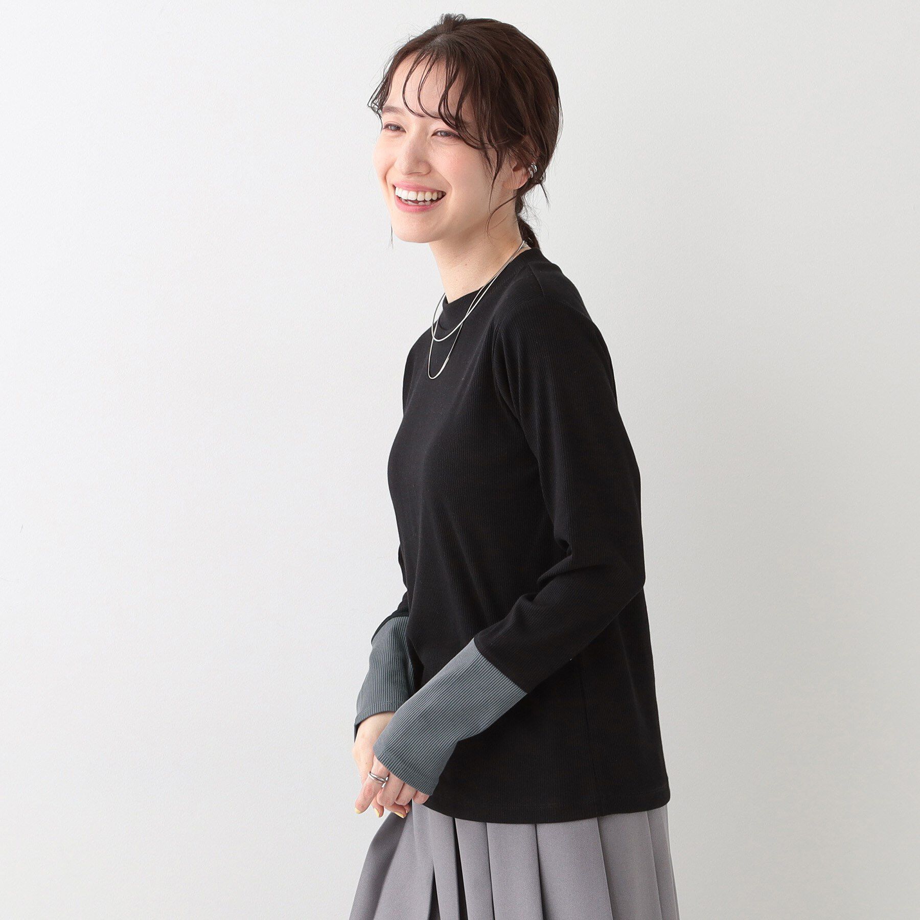 SHOO･LA･RUE「【S-LL】テレコ袖配色切り替えトップス」|Tシャツ・カットソー|