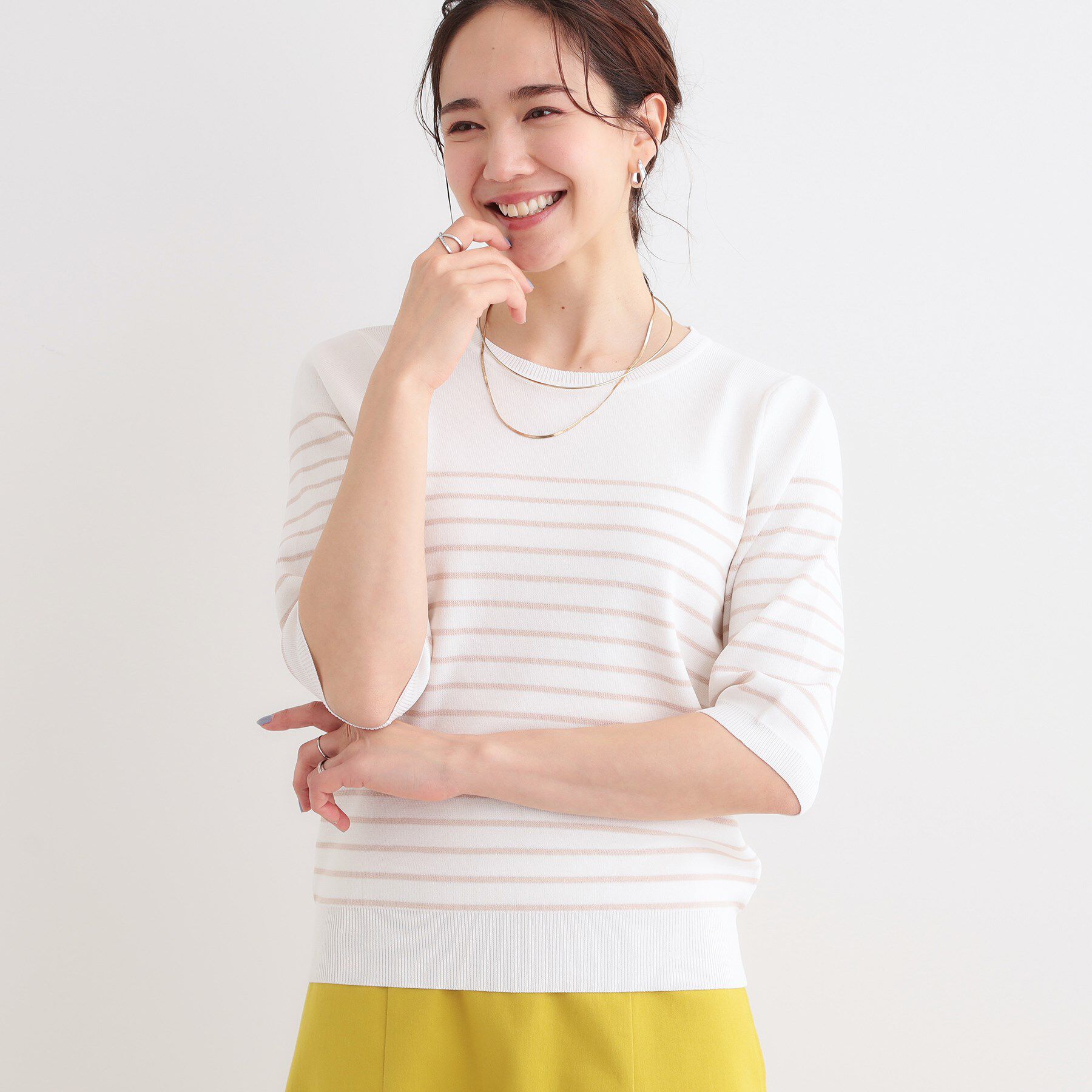 SHOO･LA･RUE「【高レビュー/洗える/S-LL】季節の変わり目から活躍 5分袖ニット」|ニット・セーター|ベージュ(352)