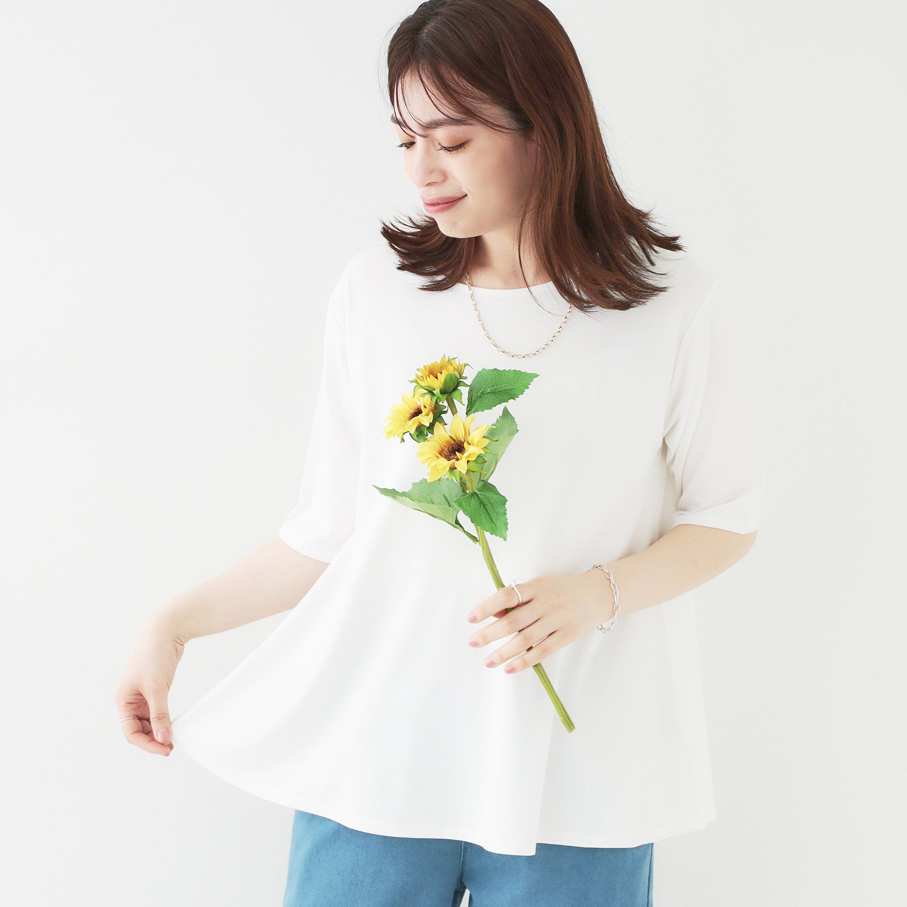 SHOO･LA･RUE「【ひんやり/UV】インせず着られる とろみペプラム5分袖トップス」|Tシャツ・カットソー|ホワイト(001)