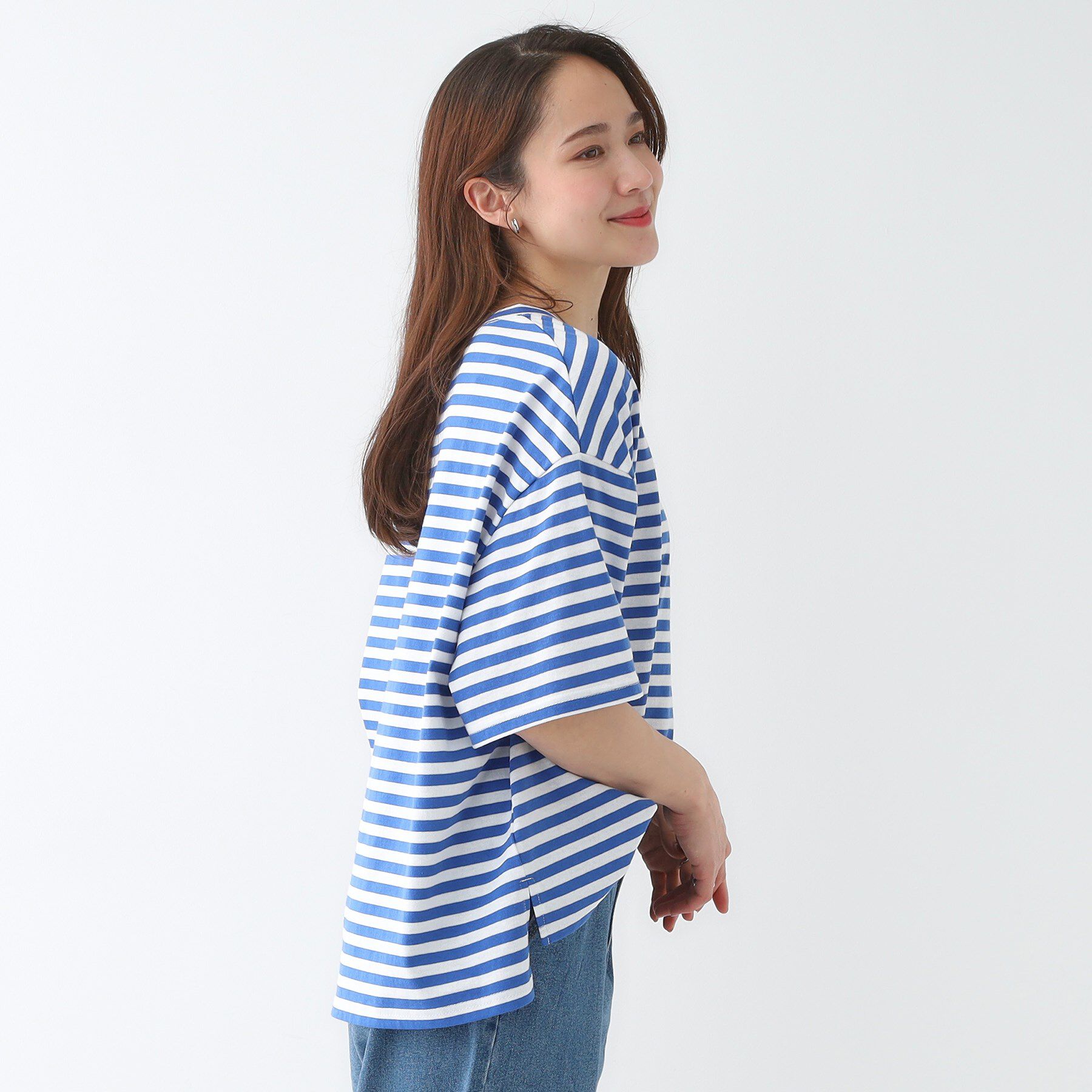 SHOO･LA･RUE「【洗える/S-LL】ハーフスリーブボーダーカットソー」|Tシャツ・カットソー|