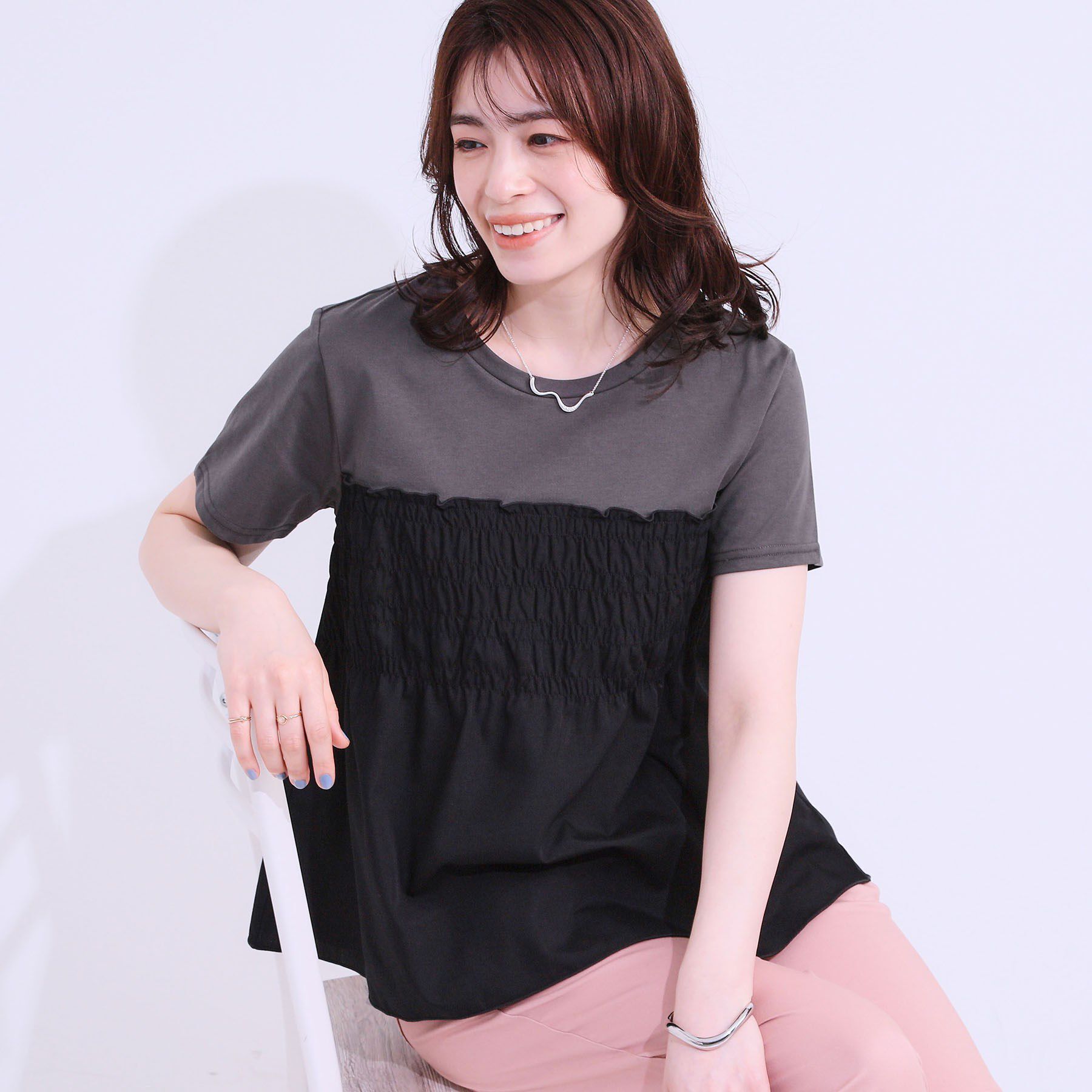 SHOO･LA･RUE「【洗える/S-LL】大人に似合う ビスチェ風ドッキングトップス」|Tシャツ・カットソー|チャコールグレー(0
