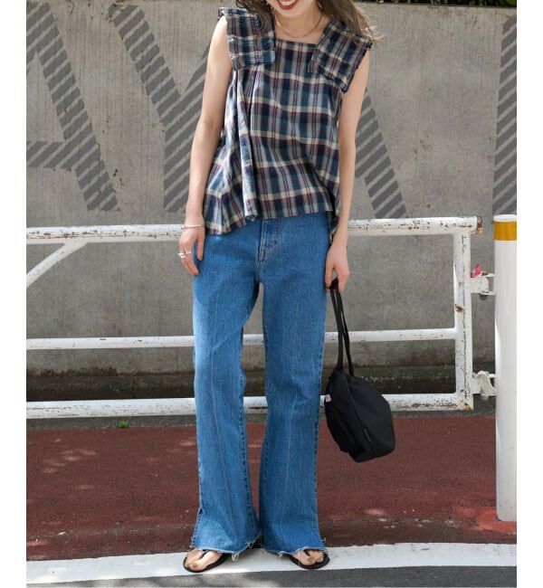 OUTDOOR PRODUCTS Usual Things「コットンマドラスショルダーフリルブラウス」|シャツ・ブラウス|