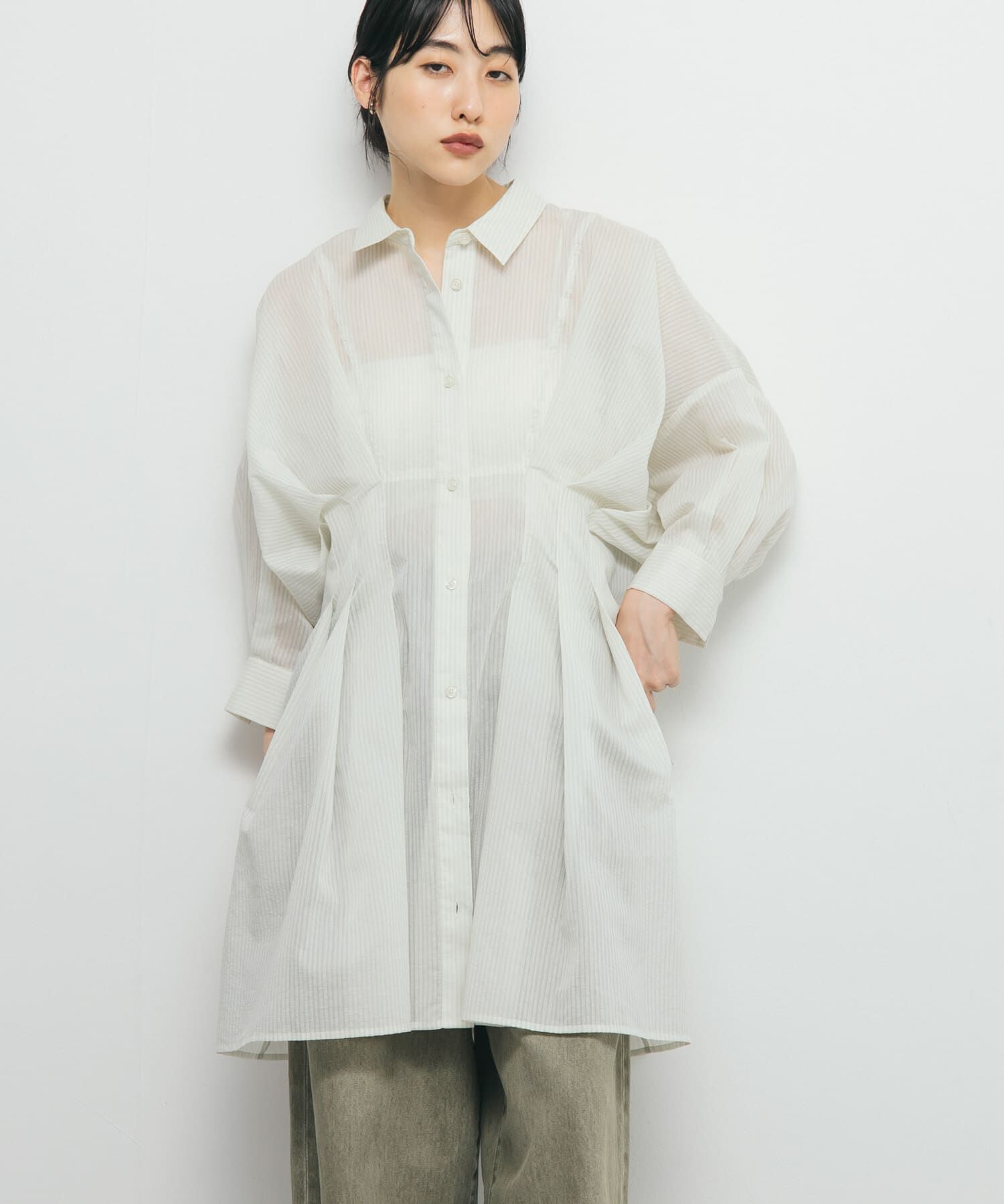  「ウエストタックシアーストライプミニワンピース」|ワンピース|ホワイト系その他