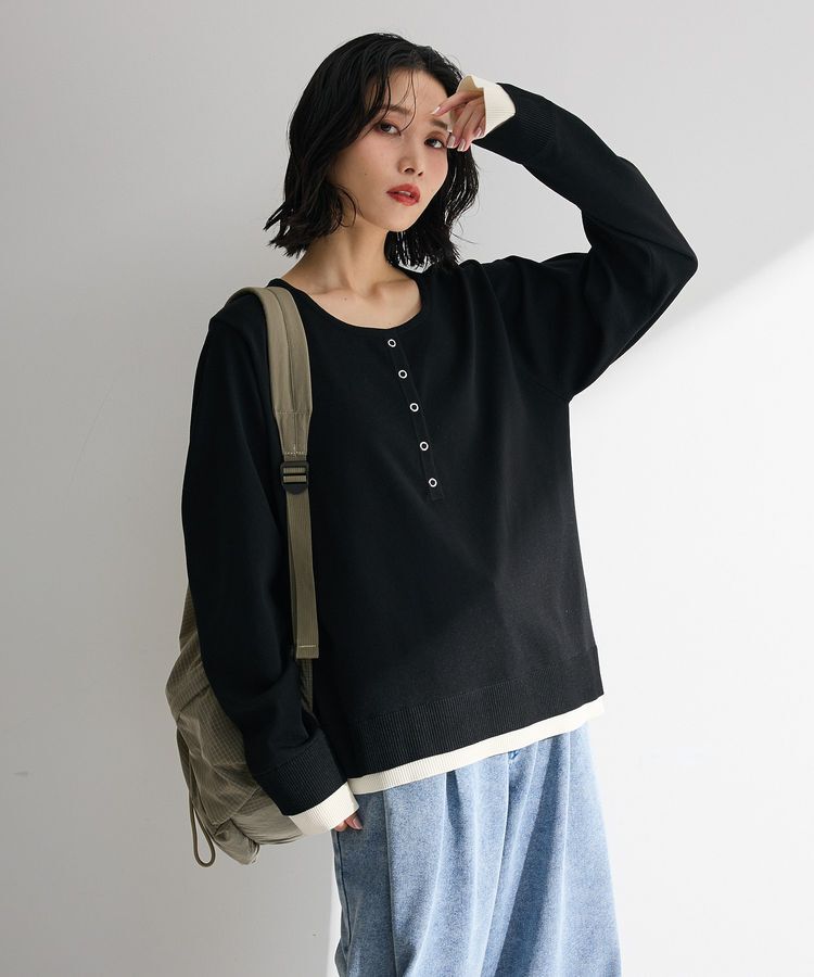 Green Parks「ヘンリーネックレイヤードニットプルオーバー」|ニット・セーター|Black