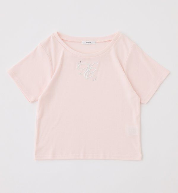  「ストーン付ワンポイント刺繍ロゴTee」|プルオーバー|ピンク